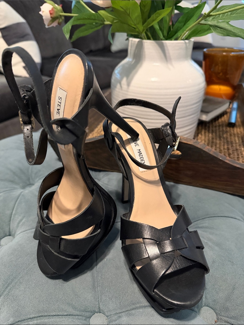 Steve Madden Black Leather Strappy Platform High Heels